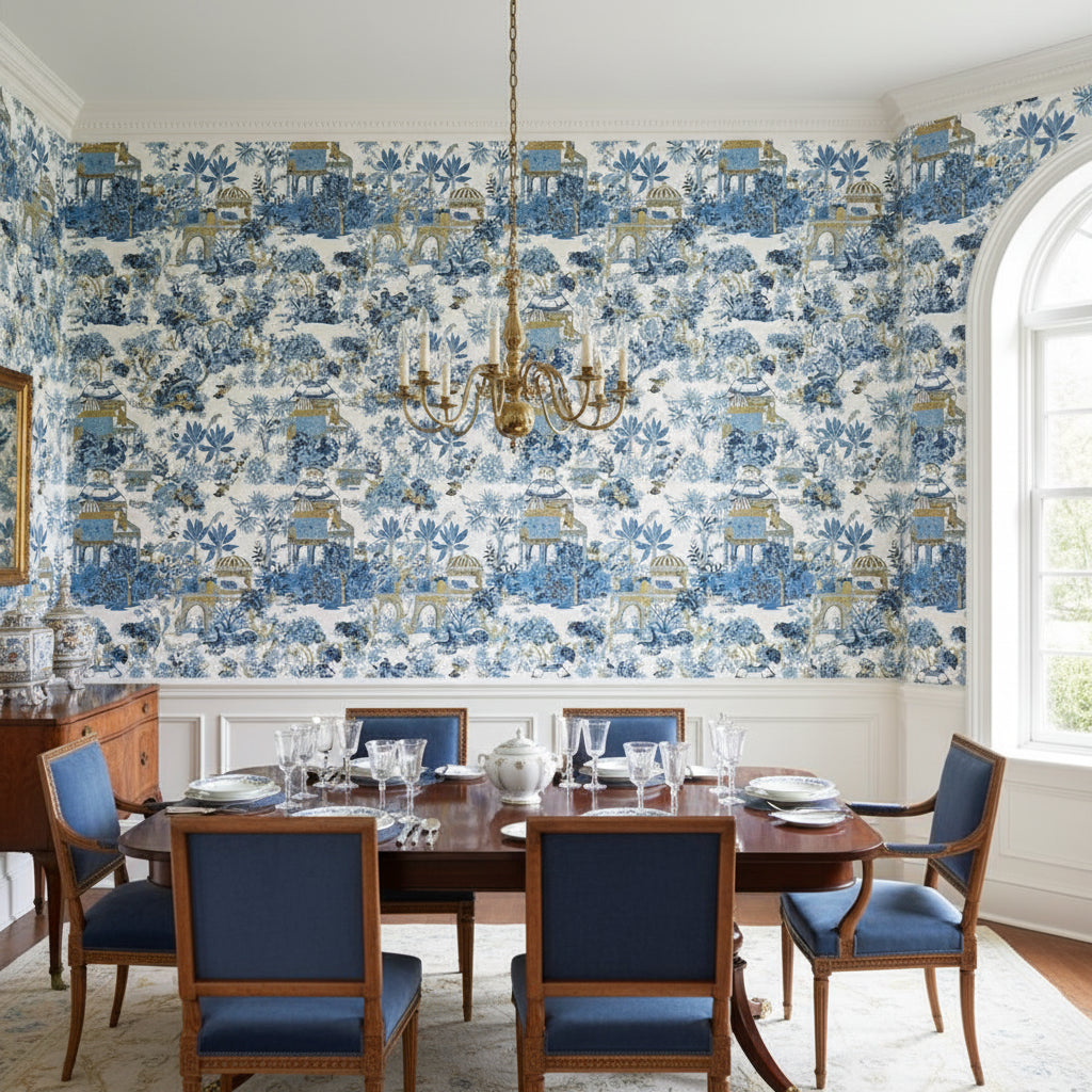 Mystic Garden Blue and White | Thibaut Wallcoverings - Dining Room Visualization (AI-generated, may not be to scale. Verify pattern scale with product specifications.)