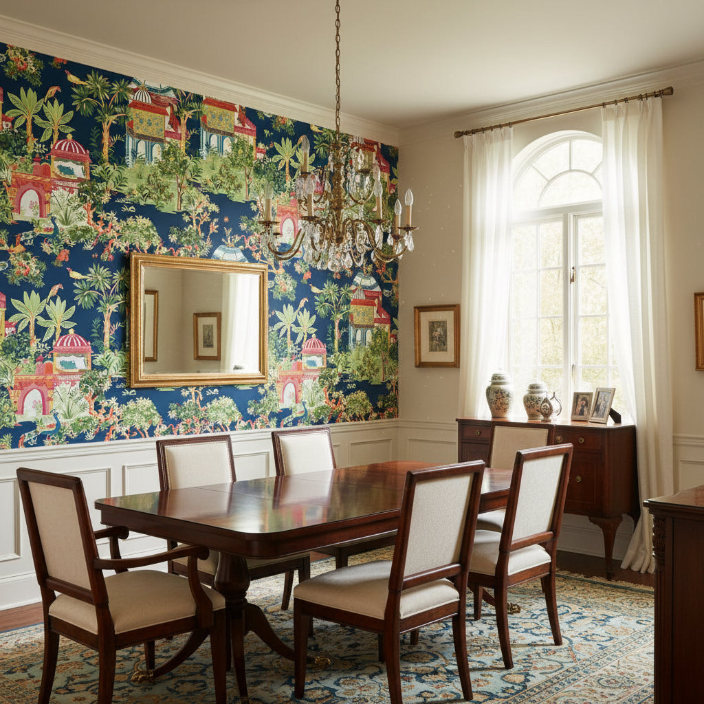 Mystic Garden Navy | Thibaut Wallcoverings - Dining Room Visualization (AI-generated, may not be to scale. Verify pattern scale with product specifications.)