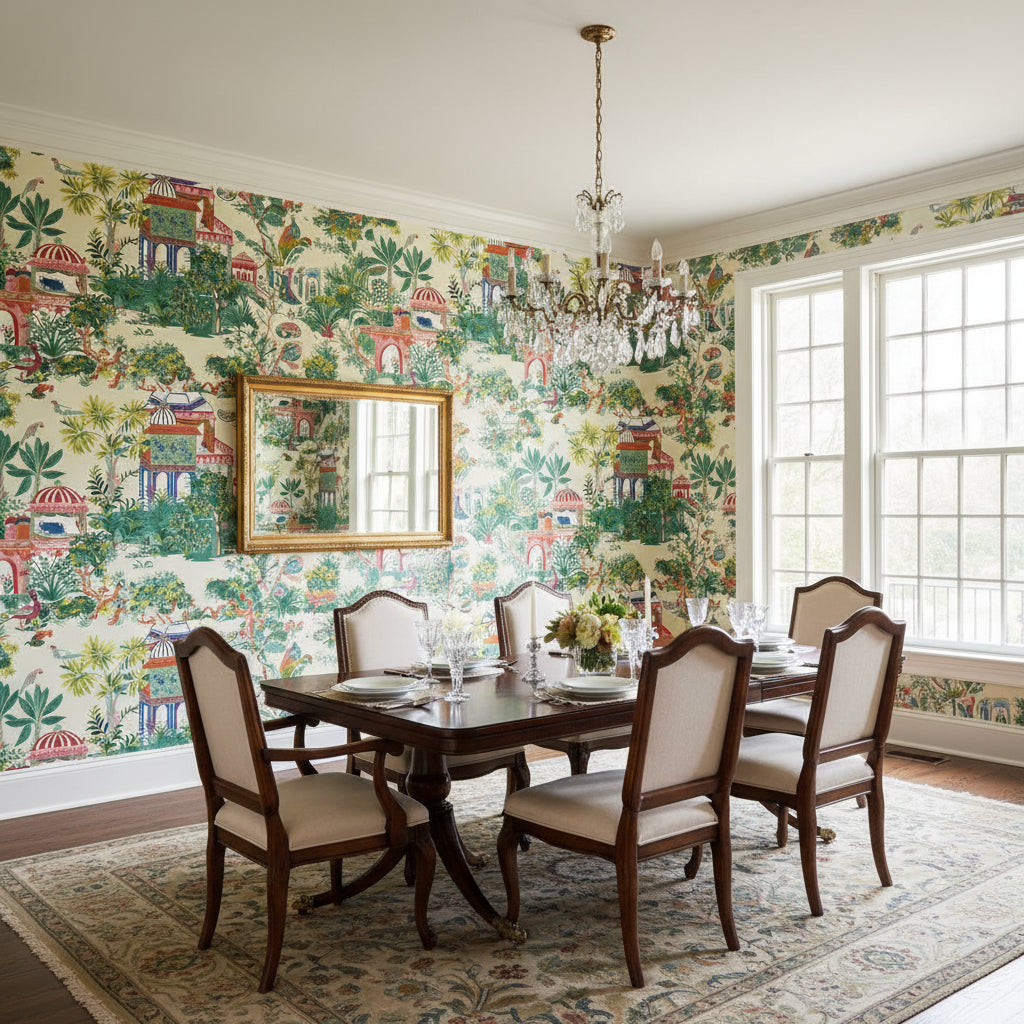 Mystic Garden Cream | Thibaut Wallcoverings - Dining Room Visualization (AI-generated, may not be to scale. Verify pattern scale with product specifications.)