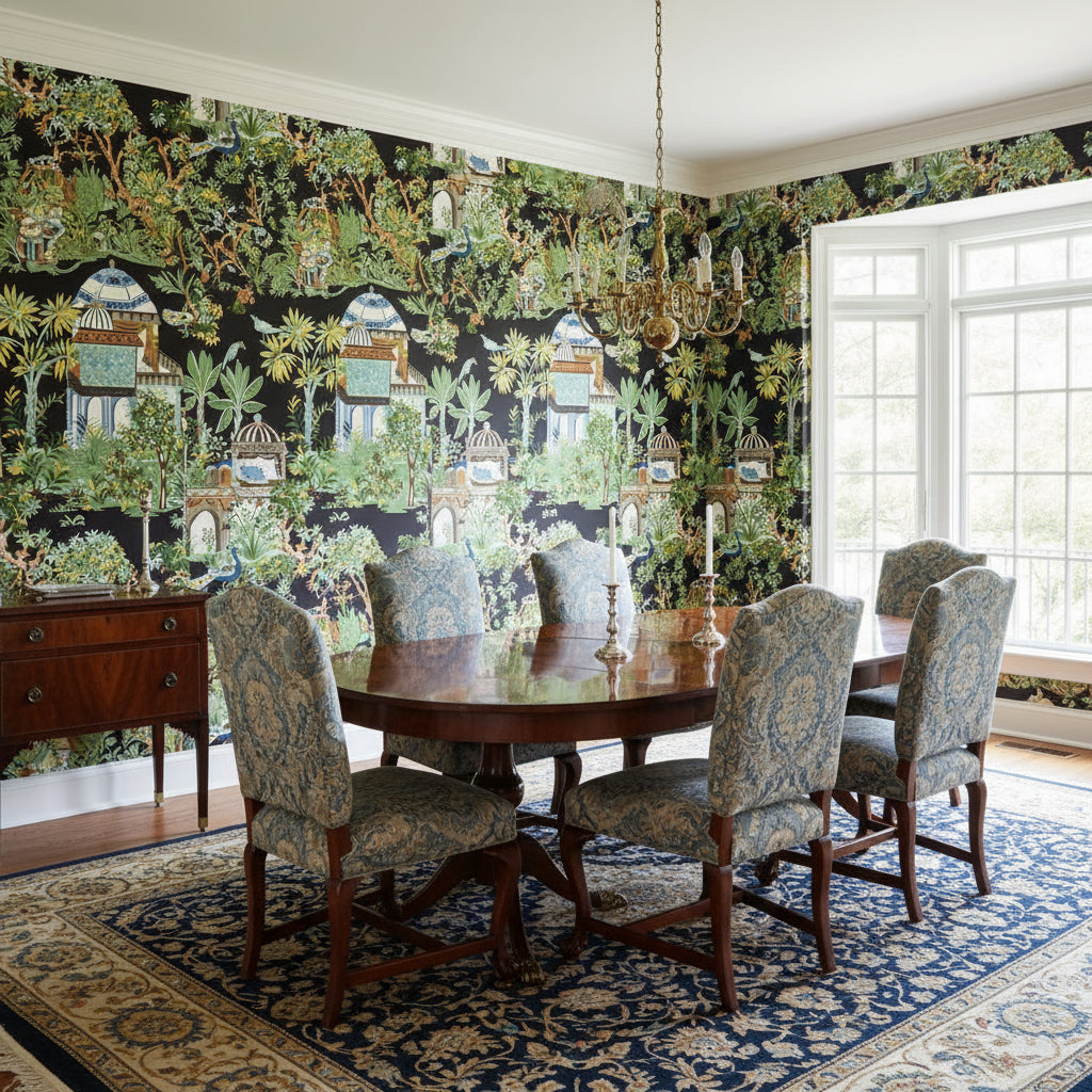 Mystic Garden Black | Thibaut Wallcoverings - Dining Room Visualization (AI-generated, may not be to scale. Verify pattern scale with product specifications.)