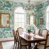 Mystic Garden Spa Blue | Thibaut Wallcoverings - Dining Room Visualization (AI-generated, may not be to scale. Verify pattern scale with product specifications.)