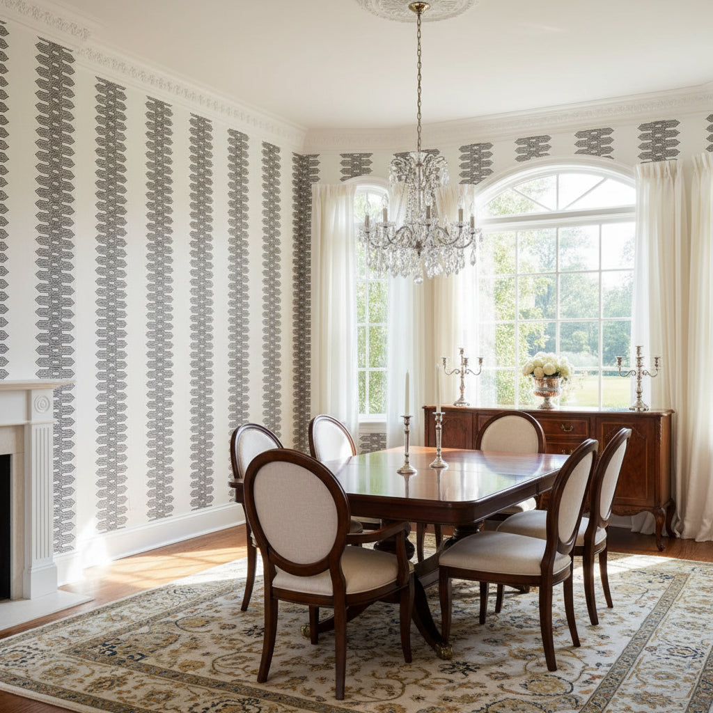 Nola Stripe Black | Thibaut Wallcoverings - Dining Room Visualization (AI-generated, may not be to scale. Verify pattern scale with product specifications.)