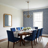 Nola Stripe Navy | Thibaut Wallcoverings - Dining Room Visualization (AI-generated, may not be to scale. Verify pattern scale with product specifications.)