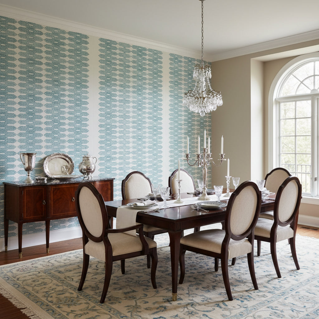 Nola Stripe Aqua | Thibaut Wallcoverings - Dining Room Visualization (AI-generated, may not be to scale. Verify pattern scale with product specifications.)