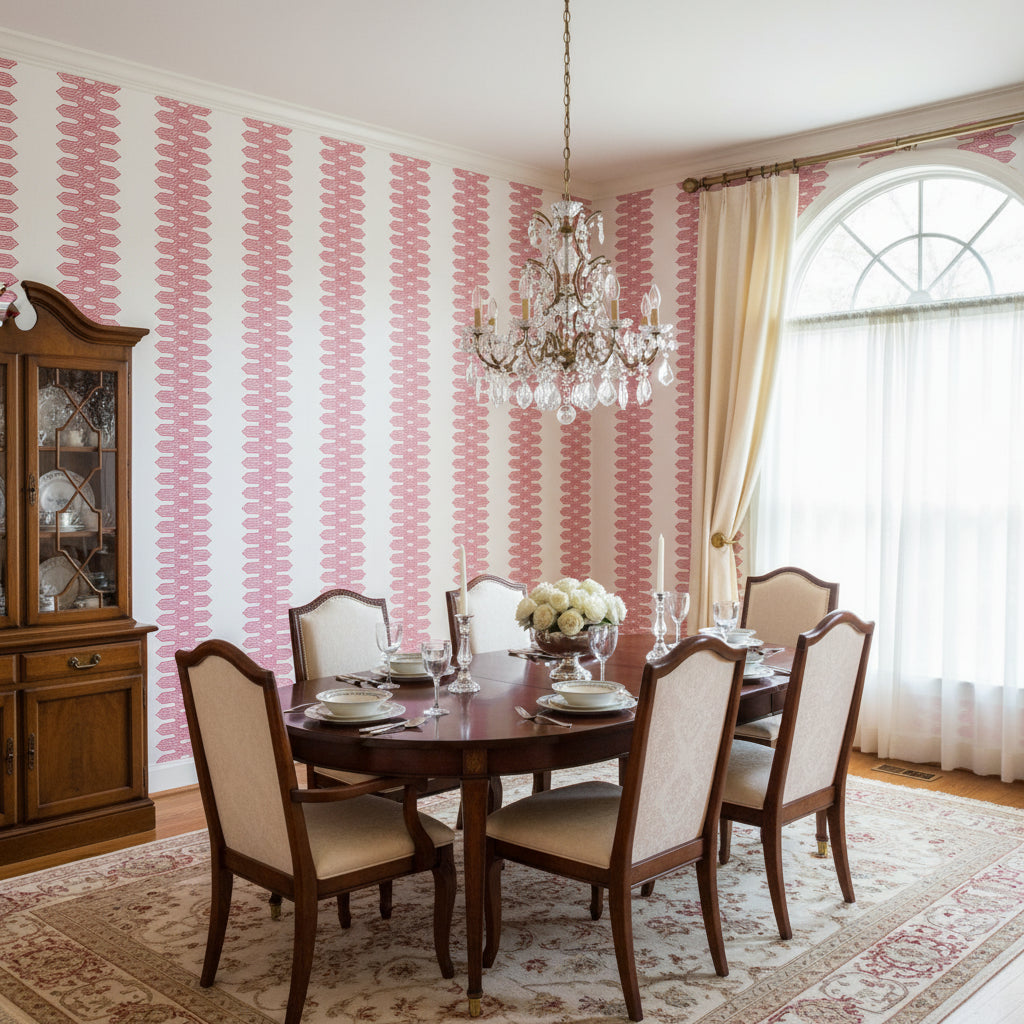 Nola Stripe Pink | Thibaut Wallcoverings - Dining Room Visualization (AI-generated, may not be to scale. Verify pattern scale with product specifications.)
