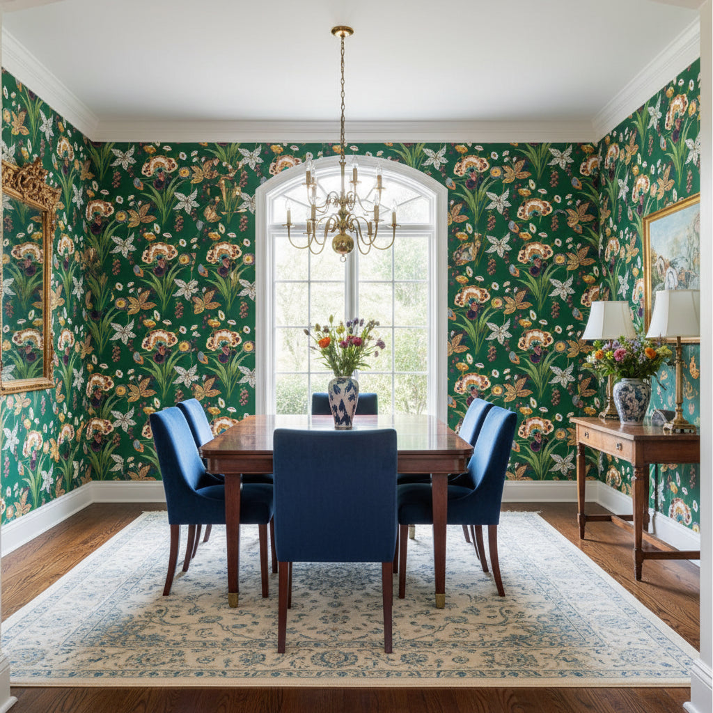 Pasadena Emerald | Thibaut Wallcoverings - Dining Room Visualization (AI-generated, may not be to scale. Verify pattern scale with product specifications.)