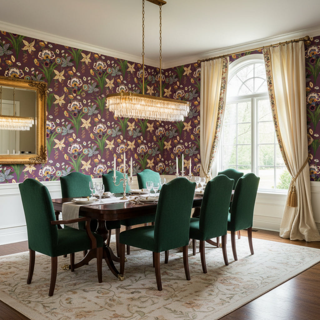 Pasadena Plum | Thibaut Wallcoverings - Dining Room Visualization (AI-generated, may not be to scale. Verify pattern scale with product specifications.)