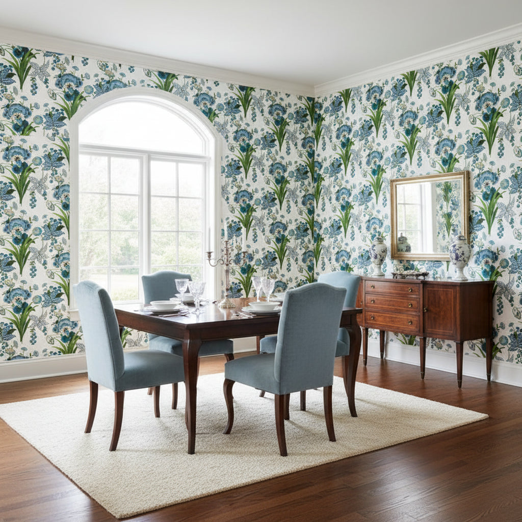 Pasadena Blue and Green | Thibaut Wallcoverings - Dining Room Visualization (AI-generated, may not be to scale. Verify pattern scale with product specifications.)