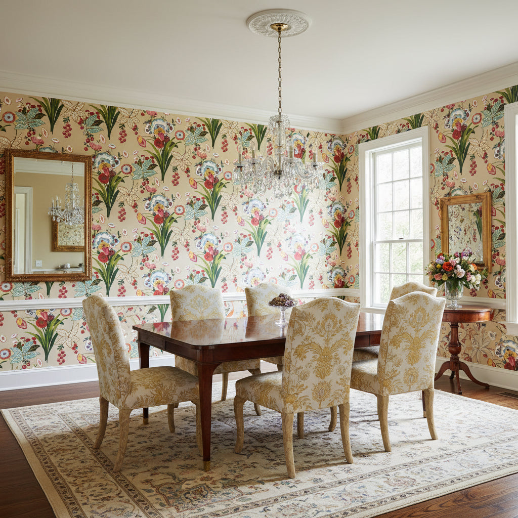 Pasadena Cream | Thibaut Wallcoverings - Dining Room Visualization (AI-generated, may not be to scale. Verify pattern scale with product specifications.)