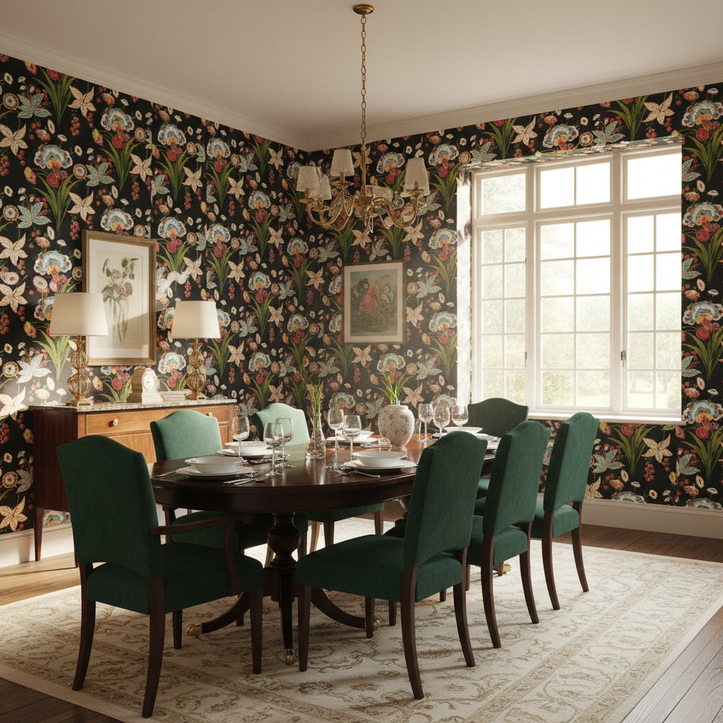 Pasadena Black | Thibaut Wallcoverings - Dining Room Visualization (AI-generated, may not be to scale. Verify pattern scale with product specifications.)