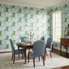Pasadena Spa Blue | Thibaut Wallcoverings - Dining Room Visualization (AI-generated, may not be to scale. Verify pattern scale with product specifications.)