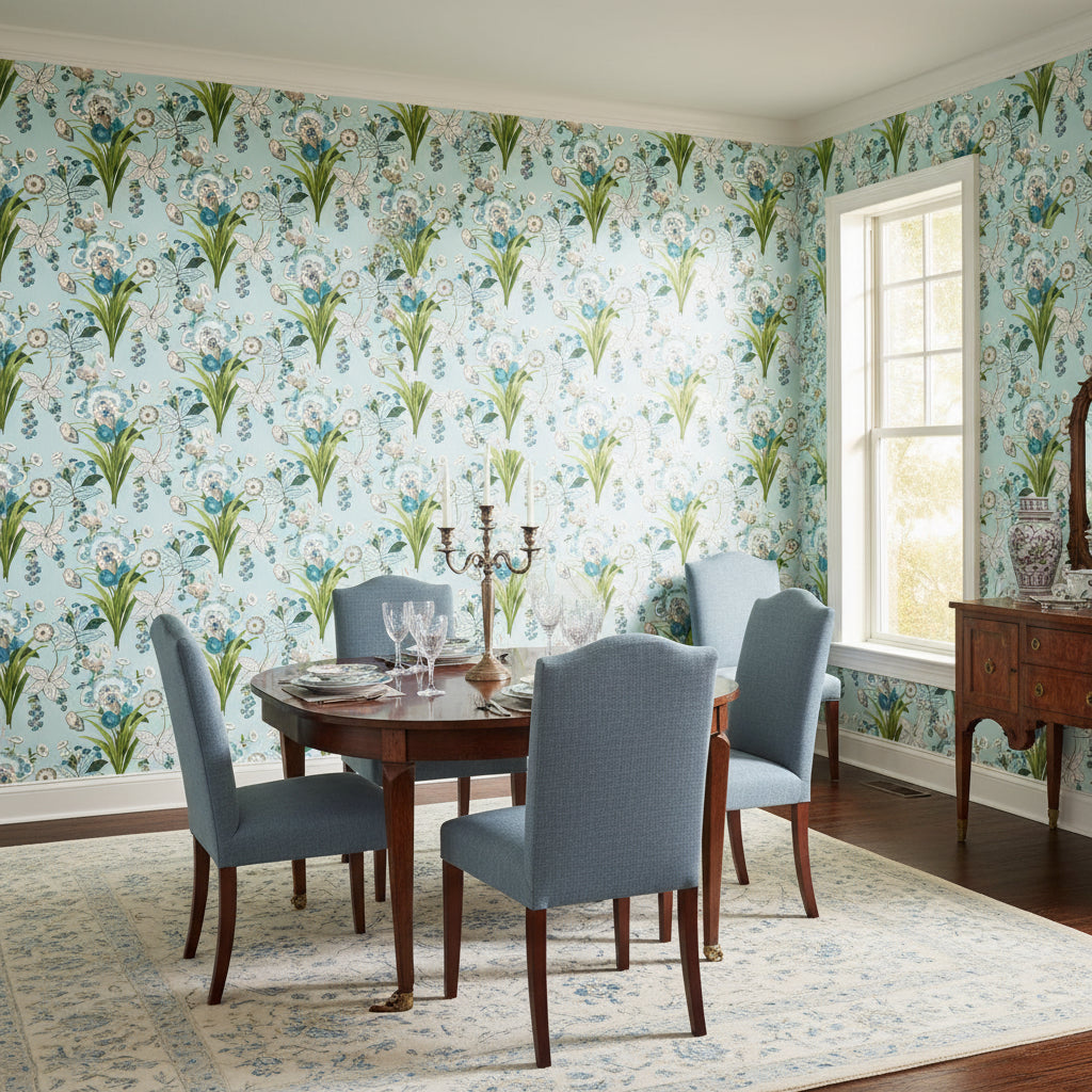 Pasadena Spa Blue | Thibaut Wallcoverings - Dining Room Visualization (AI-generated, may not be to scale. Verify pattern scale with product specifications.)