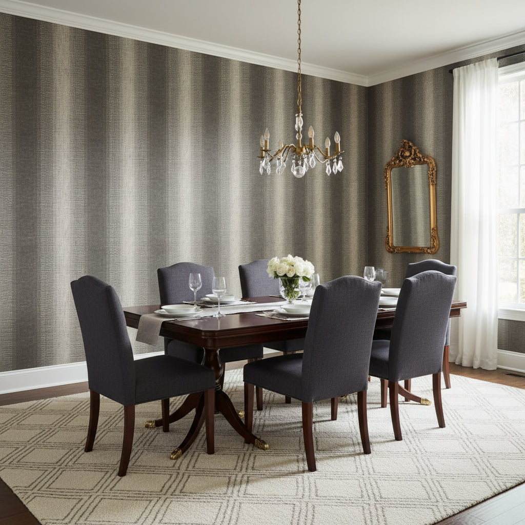 Bozeman Stripe Black | Thibaut Wallcoverings - Dining Room Visualization (AI-generated, may not be to scale. Verify pattern scale with product specifications.)