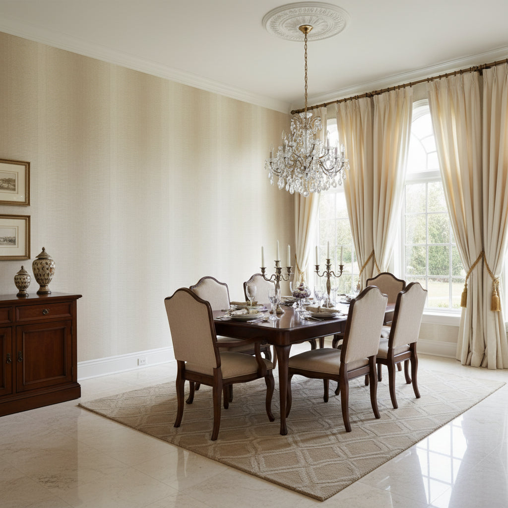 Bozeman Stripe Beige | Thibaut Wallcoverings - Dining Room Visualization (AI-generated, may not be to scale. Verify pattern scale with product specifications.)