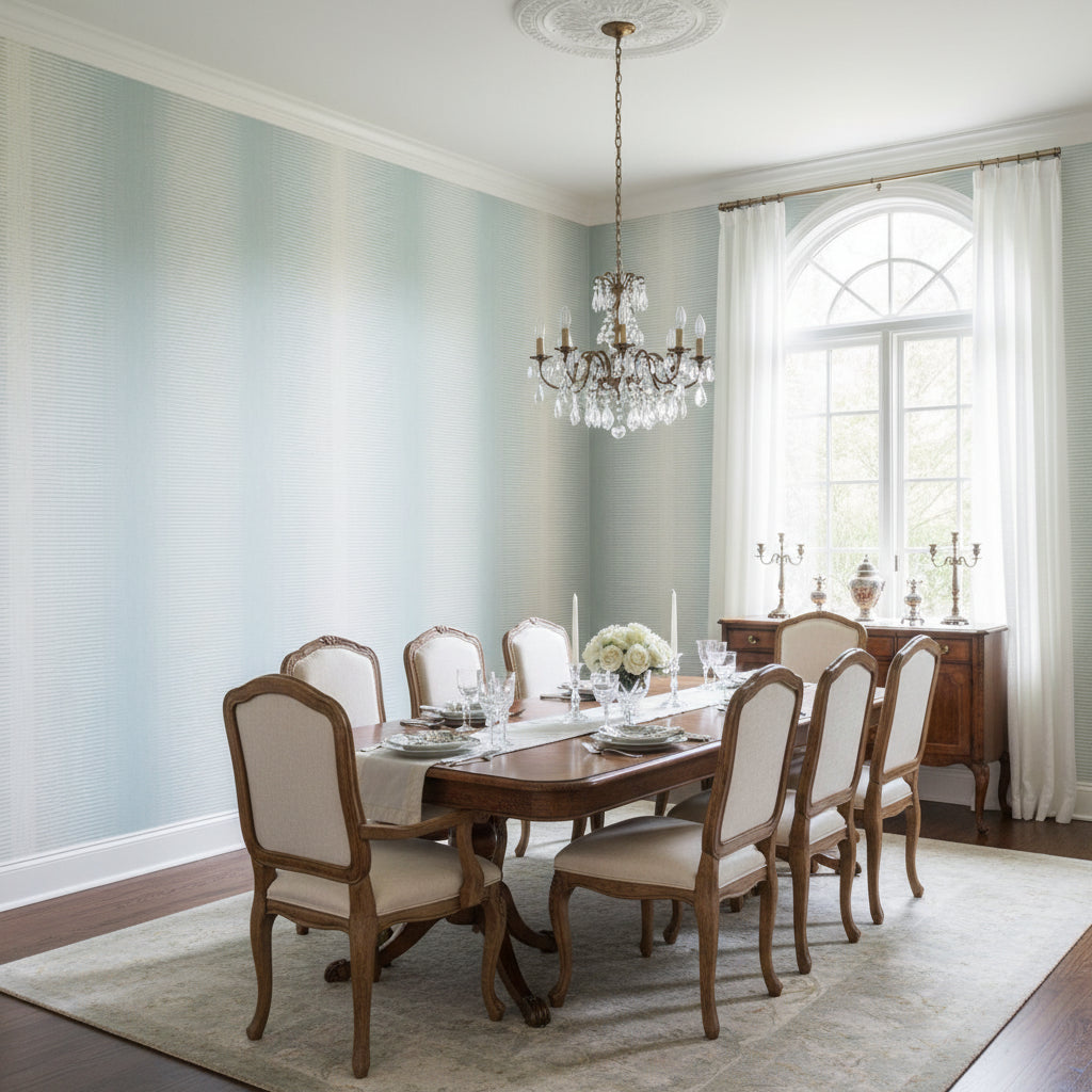 Bozeman Stripe Spa Blue | Thibaut Wallcoverings - Dining Room Visualization (AI-generated, may not be to scale. Verify pattern scale with product specifications.)