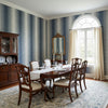 Bozeman Stripe Navy | Thibaut Wallcoverings - Dining Room Visualization (AI-generated, may not be to scale. Verify pattern scale with product specifications.)