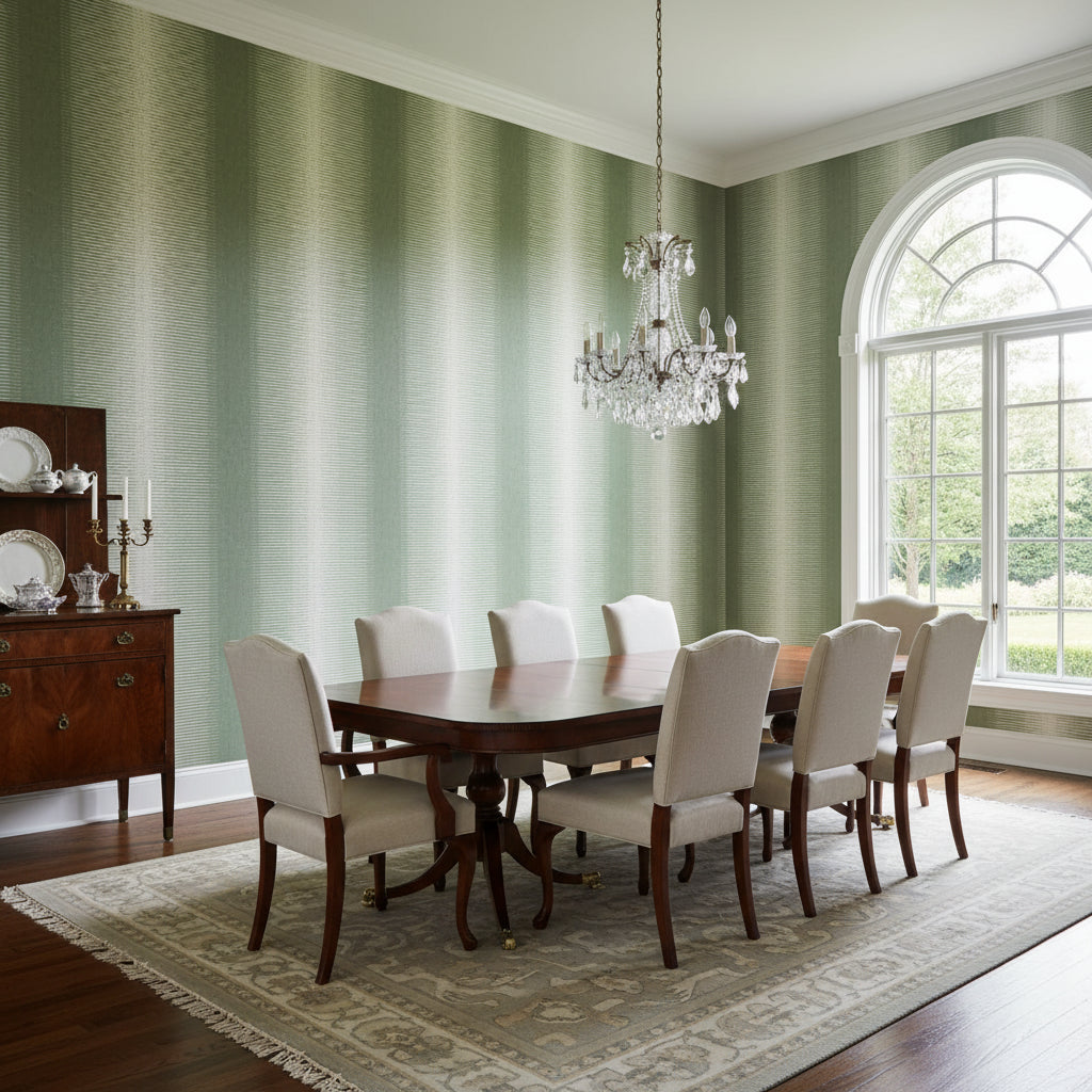 Bozeman Stripe Green | Thibaut Wallcoverings - Dining Room Visualization (AI-generated, may not be to scale. Verify pattern scale with product specifications.)