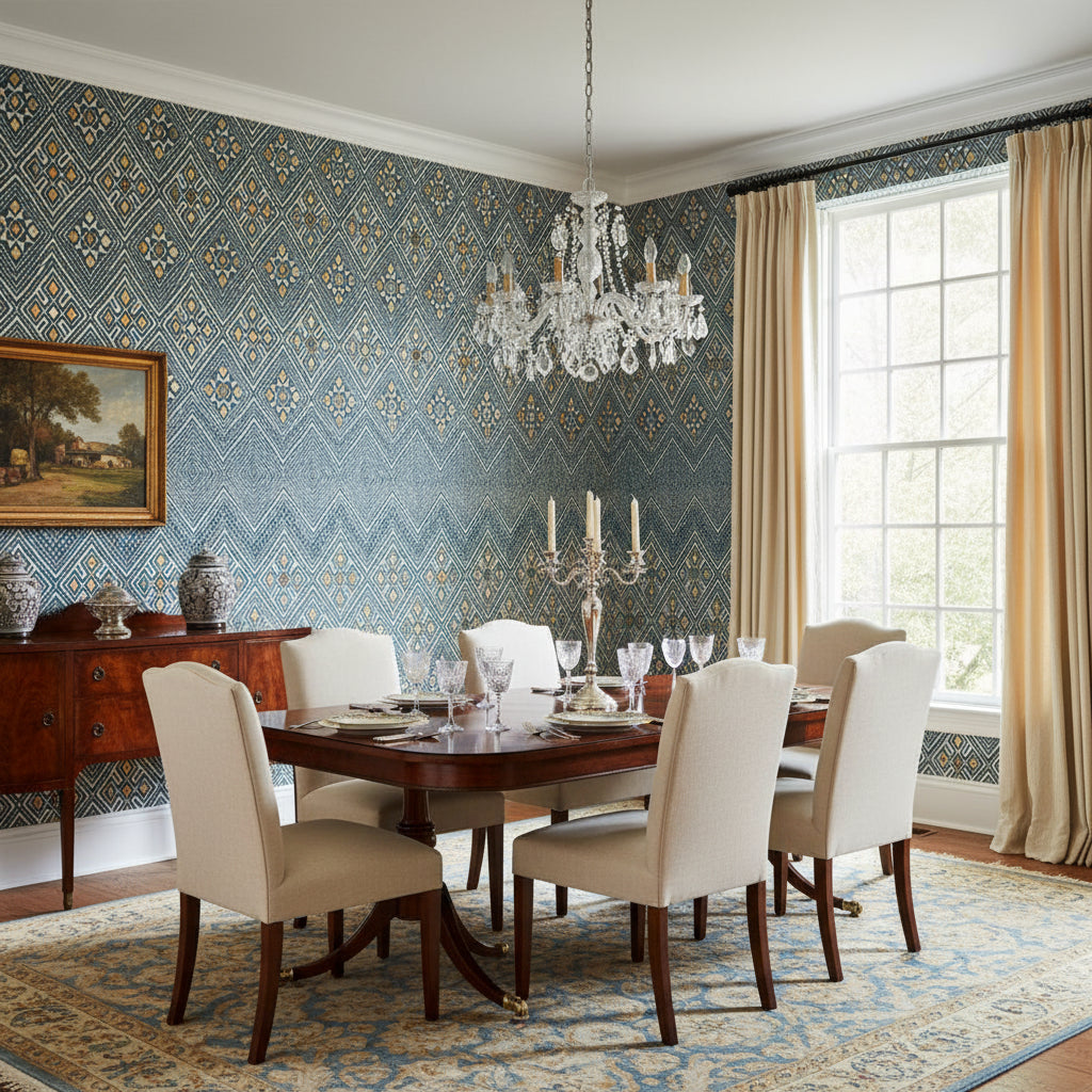 High Plains Bluestone | Thibaut Wallcoverings - Dining Room Visualization (AI-generated, may not be to scale. Verify pattern scale with product specifications.)
