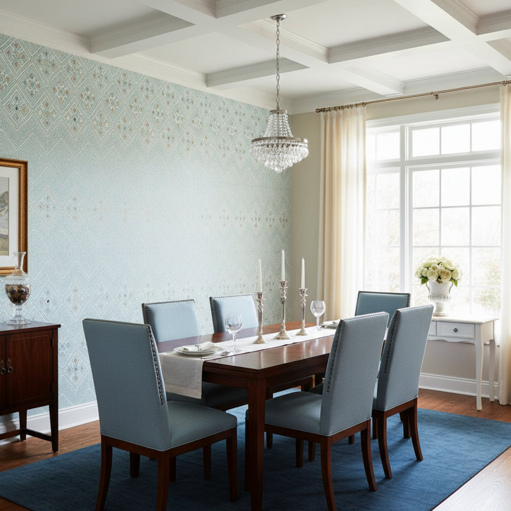 High Plains Spa Blue | Thibaut Wallcoverings - Dining Room Visualization (AI-generated, may not be to scale. Verify pattern scale with product specifications.)