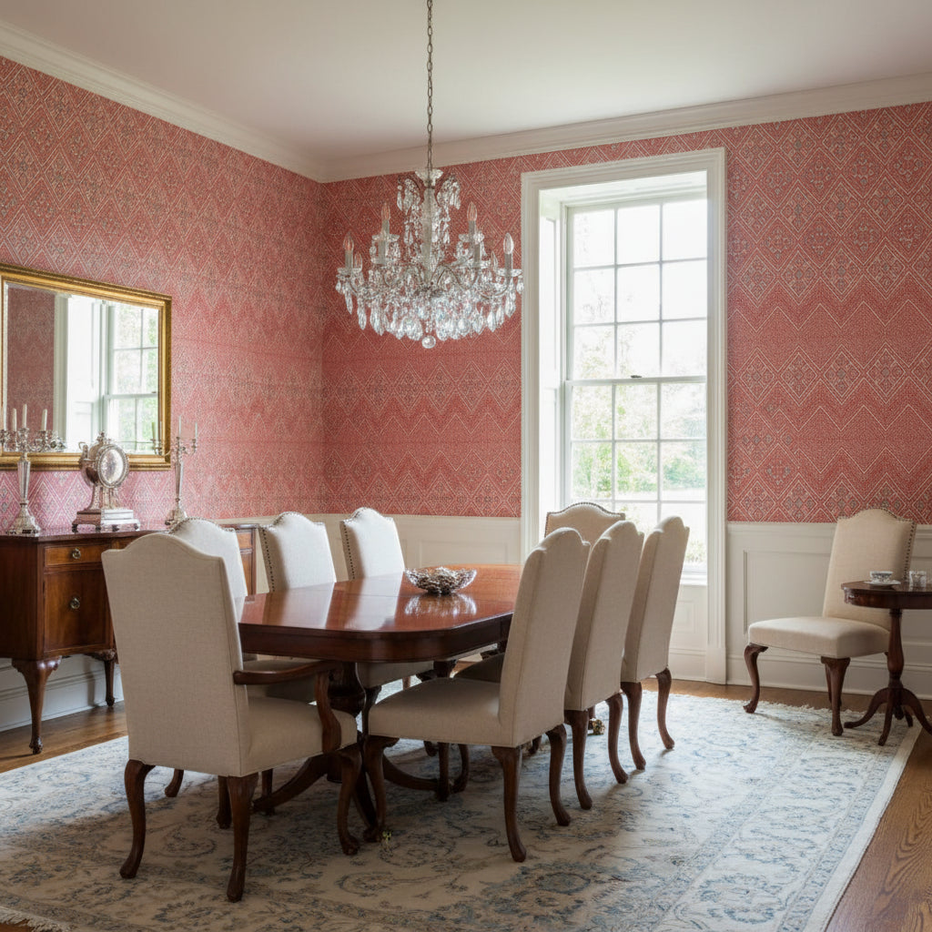 High Plains Coral | Thibaut Wallcoverings - Dining Room Visualization (AI-generated, may not be to scale. Verify pattern scale with product specifications.)
