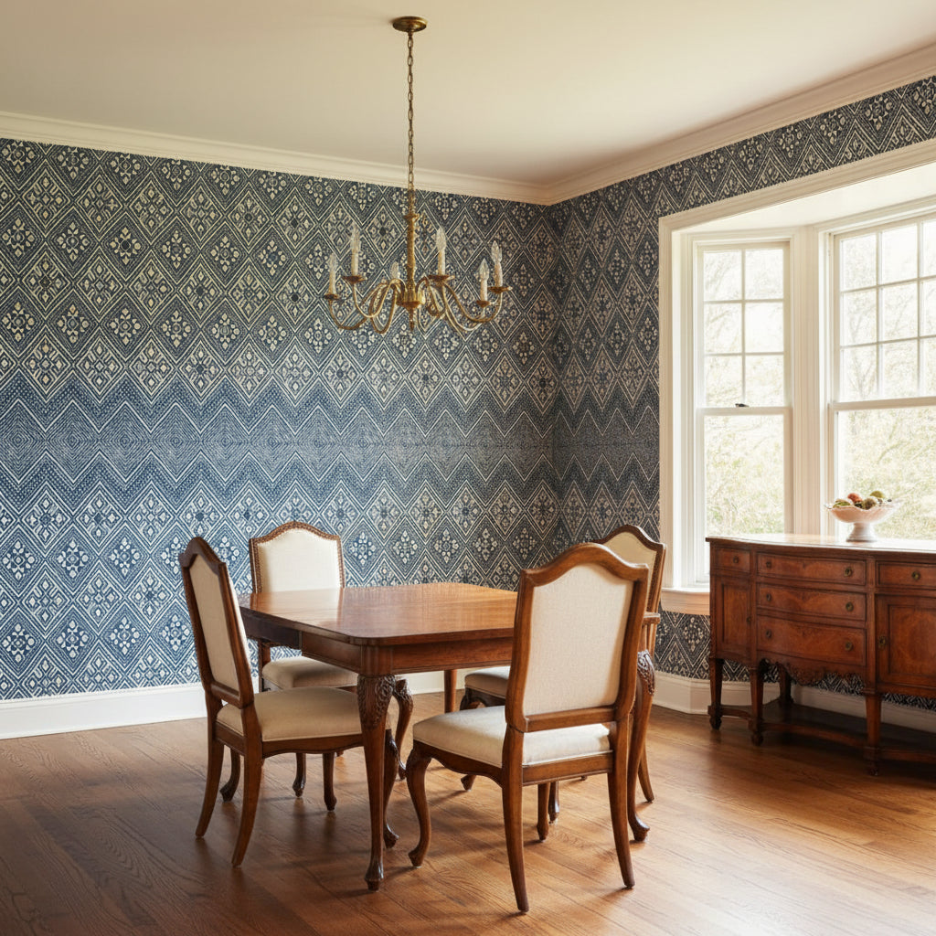 High Plains Navy and White | Thibaut Wallcoverings - Dining Room Visualization (AI-generated, may not be to scale. Verify pattern scale with product specifications.)