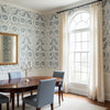 Lewis Spa Blue | Thibaut Wallcoverings - Dining Room Visualization (AI-generated, may not be to scale. Verify pattern scale with product specifications.)