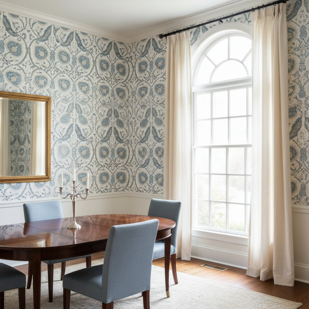 Lewis Spa Blue | Thibaut Wallcoverings - Dining Room Visualization (AI-generated, may not be to scale. Verify pattern scale with product specifications.)