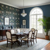 Lewis Charcoal and Bluestone | Thibaut Wallcoverings - Dining Room Visualization (AI-generated, may not be to scale. Verify pattern scale with product specifications.)
