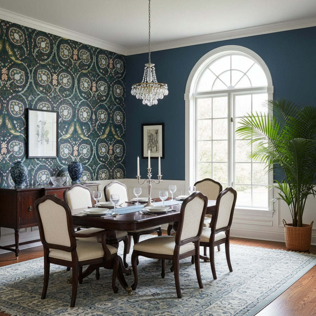 Lewis Charcoal and Bluestone | Thibaut Wallcoverings - Dining Room Visualization (AI-generated, may not be to scale. Verify pattern scale with product specifications.)