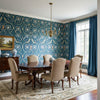 Lewis Navy and Teal | Thibaut Wallcoverings - Dining Room Visualization (AI-generated, may not be to scale. Verify pattern scale with product specifications.)