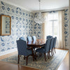 Lewis Blue and Beige | Thibaut Wallcoverings - Dining Room Visualization (AI-generated, may not be to scale. Verify pattern scale with product specifications.)