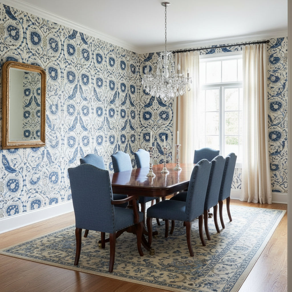 Lewis Blue and Beige | Thibaut Wallcoverings - Dining Room Visualization (AI-generated, may not be to scale. Verify pattern scale with product specifications.)