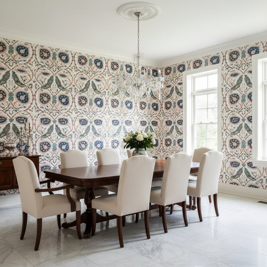 Lewis Coral and Blue | Thibaut Wallcoverings - Dining Room Visualization (AI-generated, may not be to scale. Verify pattern scale with product specifications.)