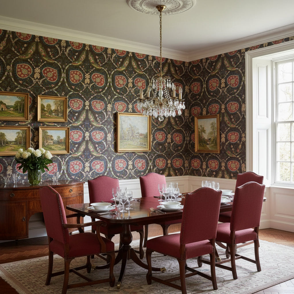 Lewis Brown | Thibaut Wallcoverings - Dining Room Visualization (AI-generated, may not be to scale. Verify pattern scale with product specifications.)