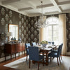 Lily Flower Black | Thibaut Wallcoverings - Dining Room Visualization (AI-generated, may not be to scale. Verify pattern scale with product specifications.)