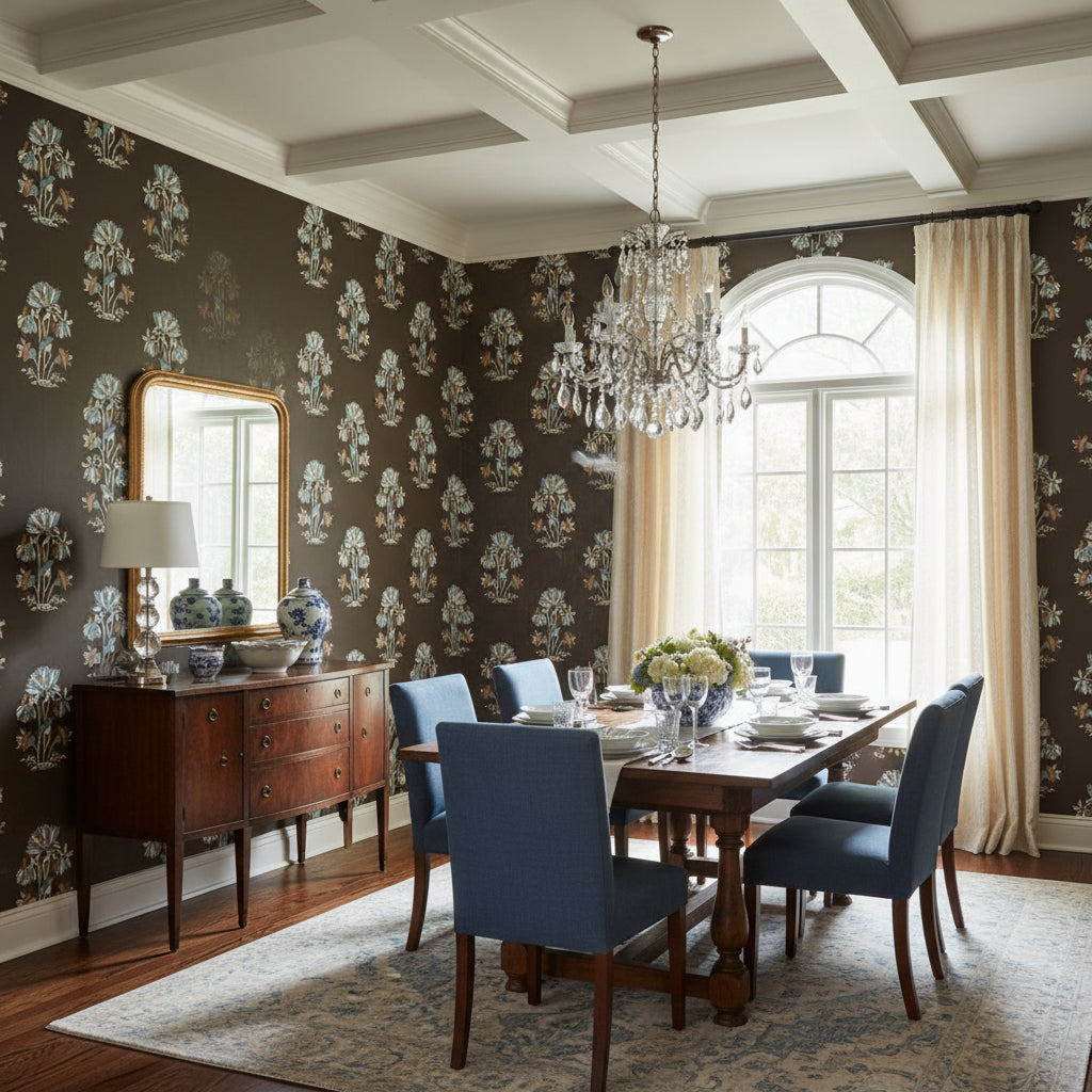 Lily Flower Black | Thibaut Wallcoverings - Dining Room Visualization (AI-generated, may not be to scale. Verify pattern scale with product specifications.)