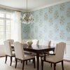 Lily Flower Spa Blue | Thibaut Wallcoverings - Dining Room Visualization (AI-generated, may not be to scale. Verify pattern scale with product specifications.)
