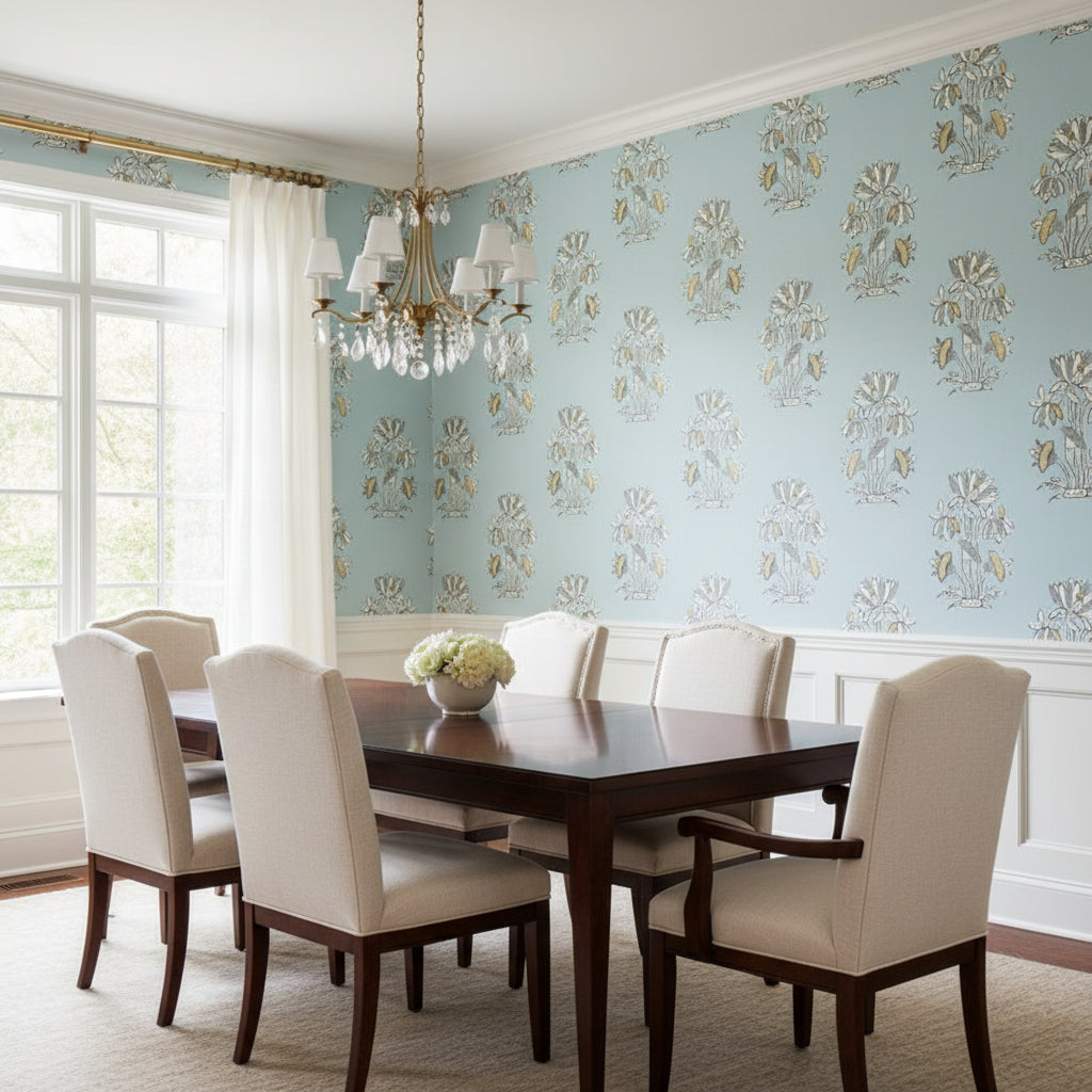 Lily Flower Spa Blue | Thibaut Wallcoverings - Dining Room Visualization (AI-generated, may not be to scale. Verify pattern scale with product specifications.)