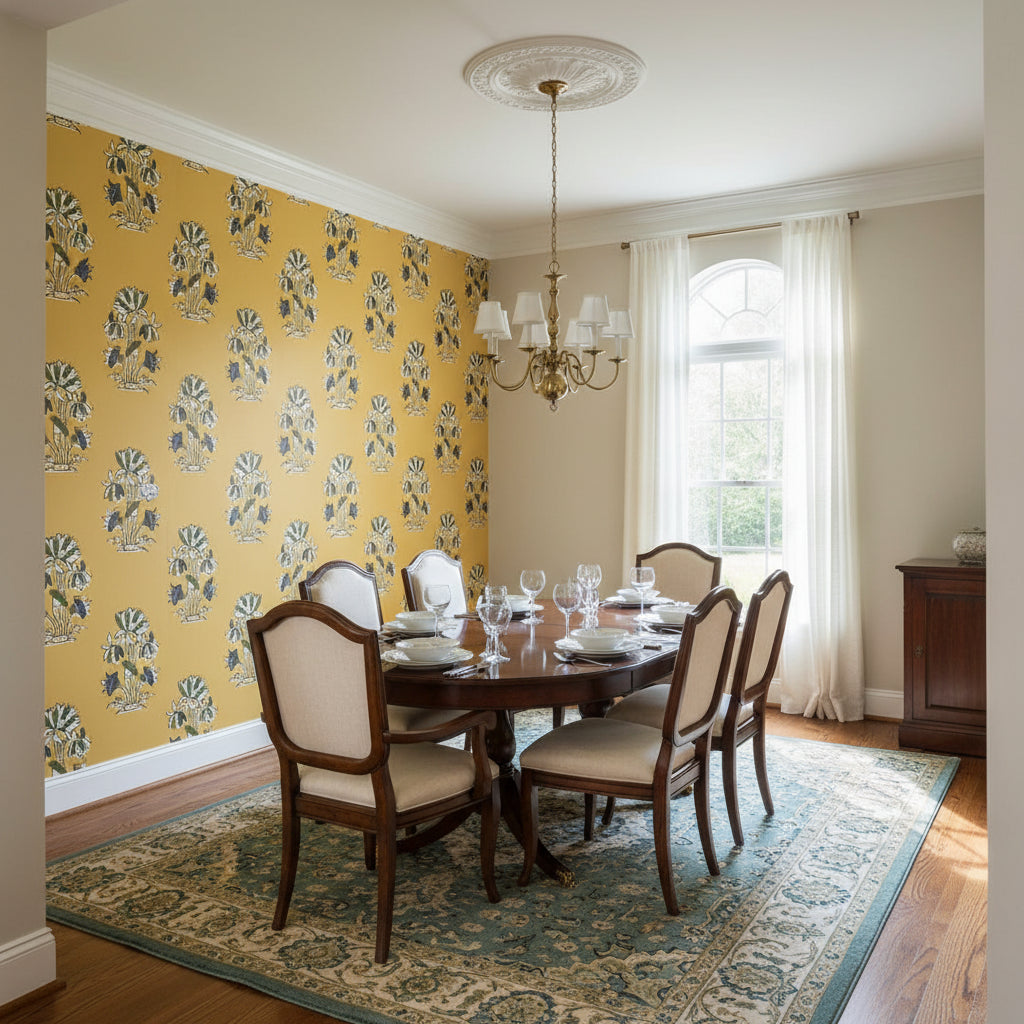 Lily Flower Harvest Gold | Thibaut Wallcoverings - Dining Room Visualization (AI-generated, may not be to scale. Verify pattern scale with product specifications.)