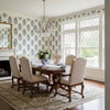 Lily Flower Blue and White | Thibaut Wallcoverings - Dining Room Visualization (AI-generated, may not be to scale. Verify pattern scale with product specifications.)