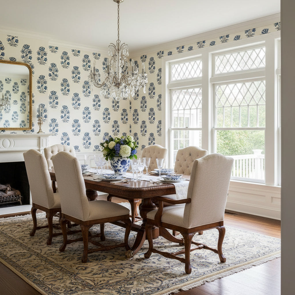 Lily Flower Blue and White | Thibaut Wallcoverings - Dining Room Visualization (AI-generated, may not be to scale. Verify pattern scale with product specifications.)