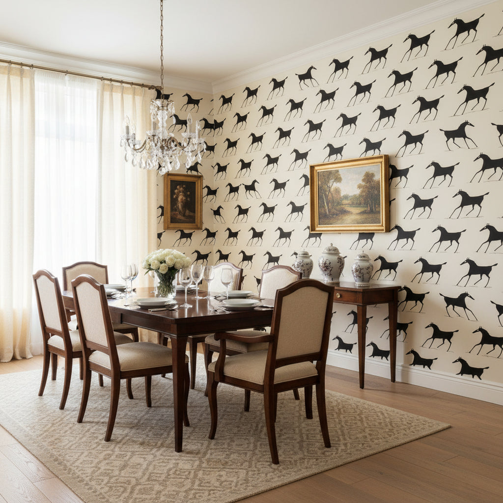 Marlborough Downs Black and White | Thibaut Wallcoverings - Dining Room Visualization (AI-generated, may not be to scale. Verify pattern scale with product specifications.)