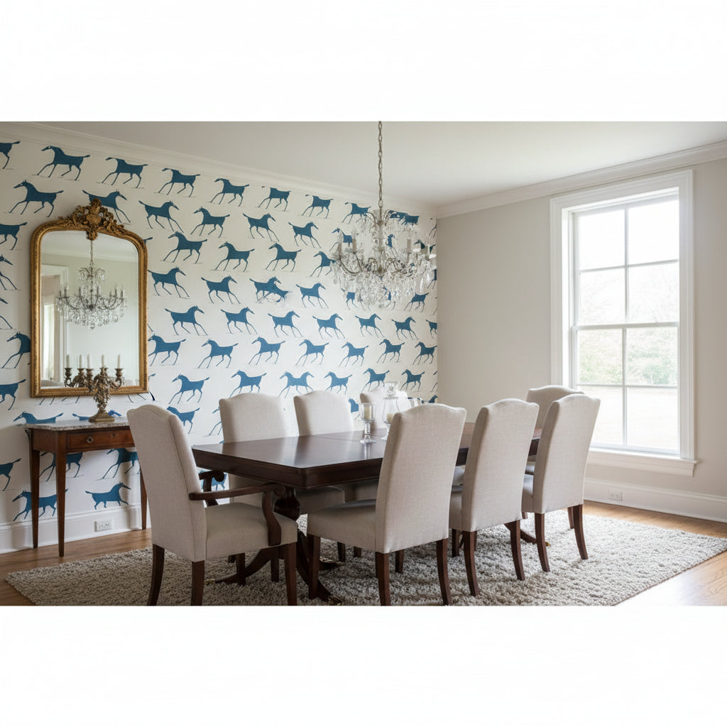 Marlborough Downs Navy on Off White | Thibaut Wallcoverings - Dining Room Visualization (AI-generated, may not be to scale. Verify pattern scale with product specifications.)
