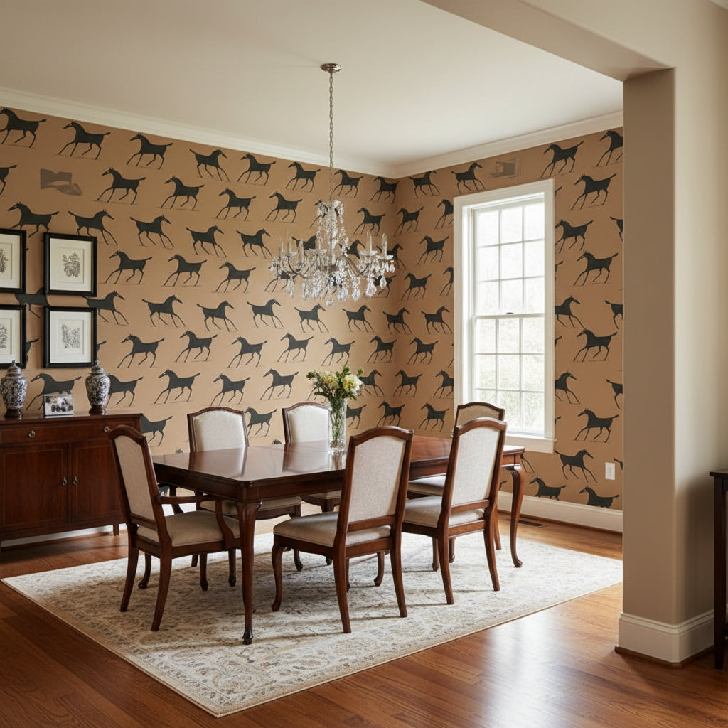 Marlborough Downs Clay | Thibaut Wallcoverings - Dining Room Visualization (AI-generated, may not be to scale. Verify pattern scale with product specifications.)