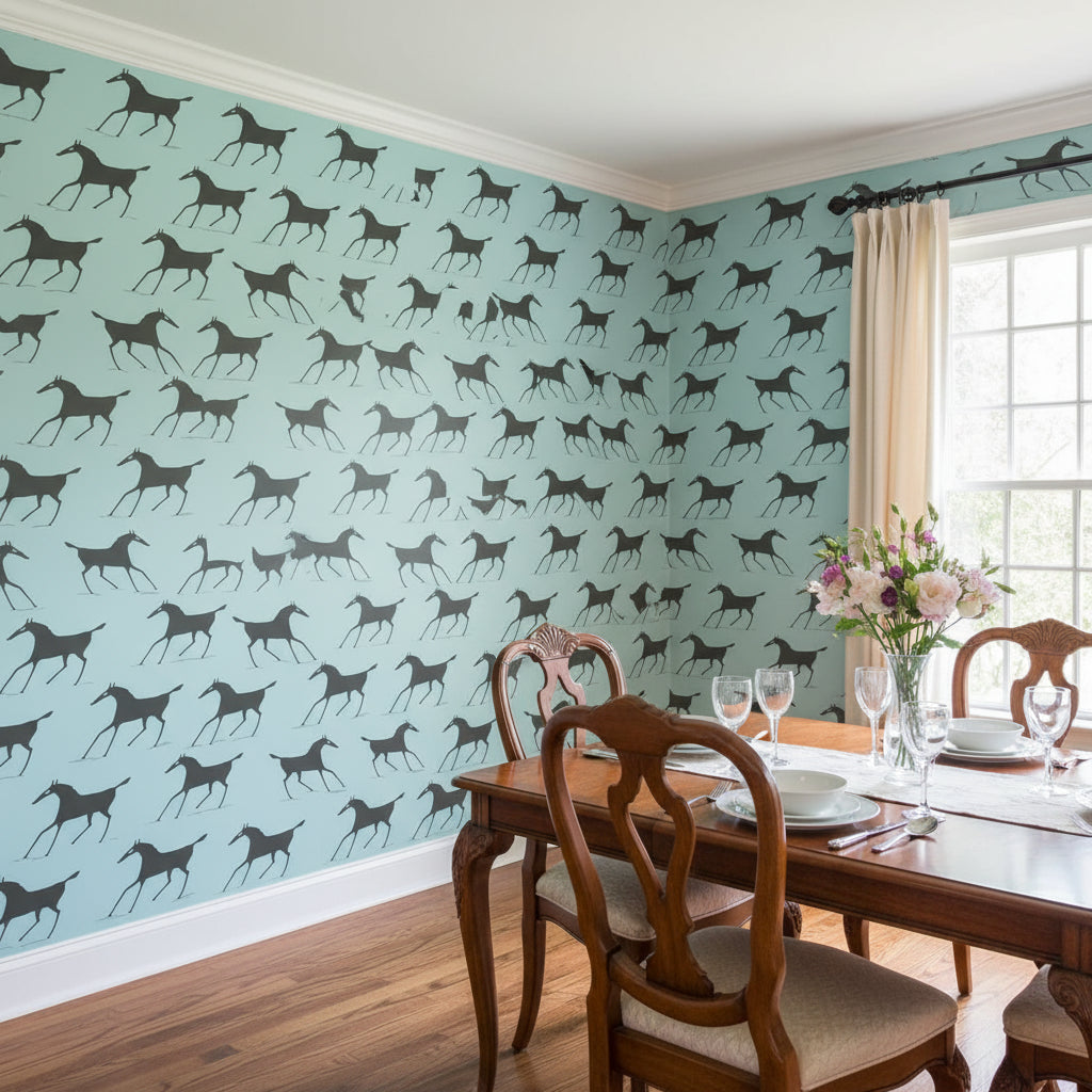 Marlborough Downs Spa Blue | Thibaut Wallcoverings - Dining Room Visualization (AI-generated, may not be to scale. Verify pattern scale with product specifications.)