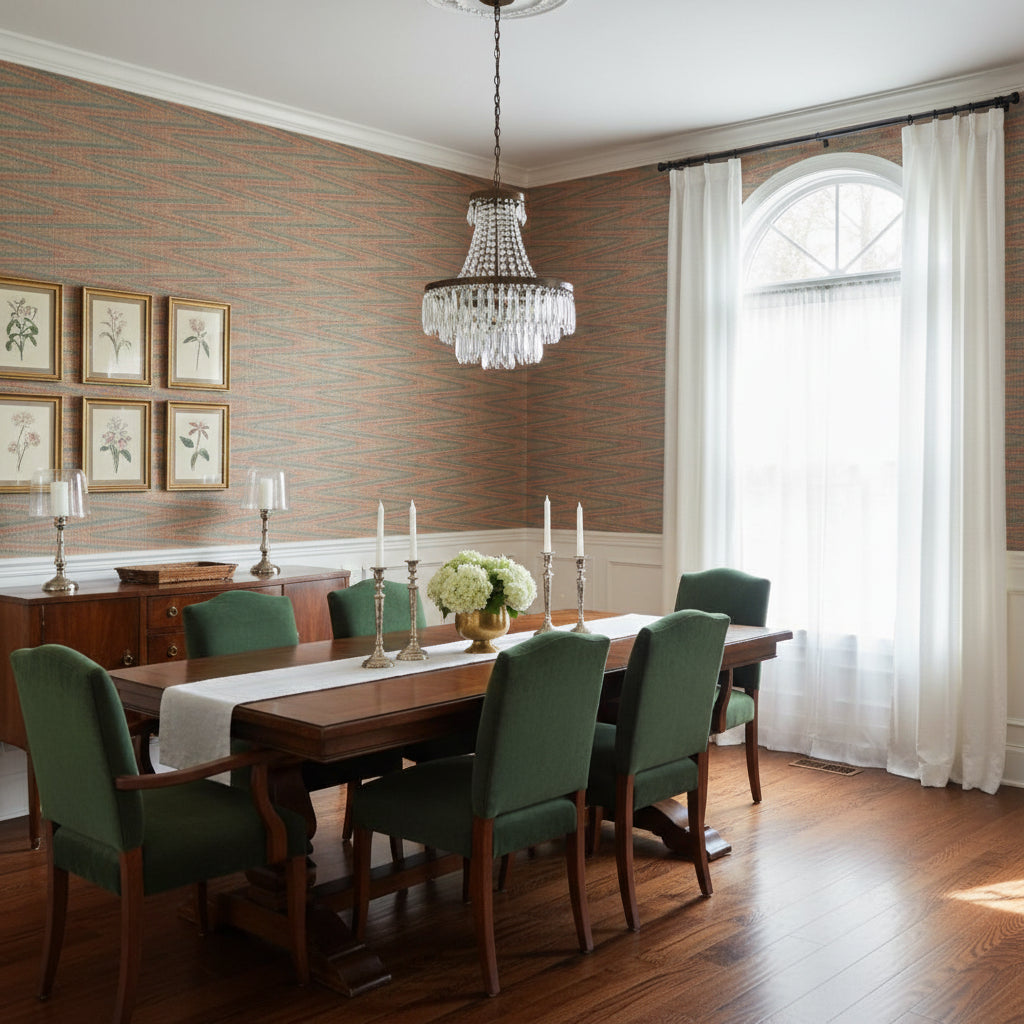 Moab Weave Sun Baked | Thibaut Wallcoverings - Dining Room Visualization (AI-generated, may not be to scale. Verify pattern scale with product specifications.)