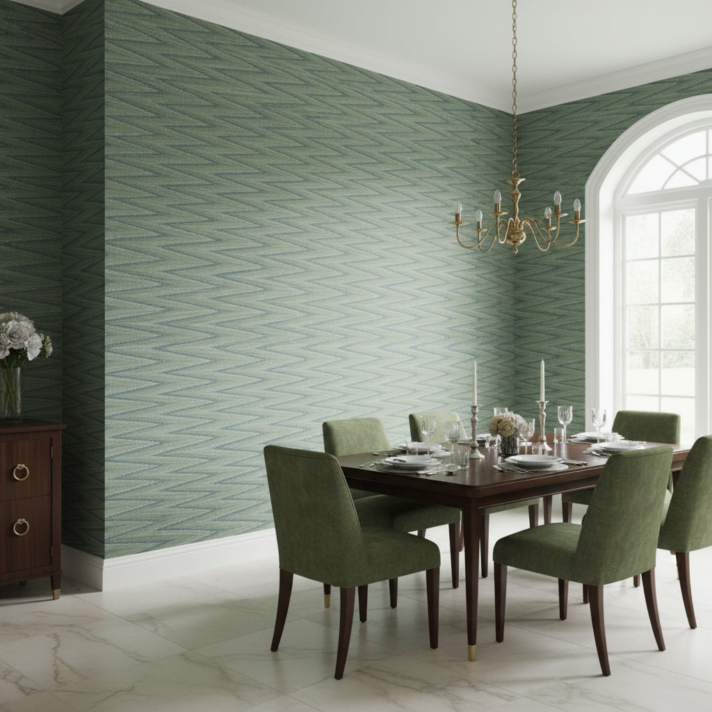 Moab Weave Olive | Thibaut Wallcoverings - Dining Room Visualization (AI-generated, may not be to scale. Verify pattern scale with product specifications.)