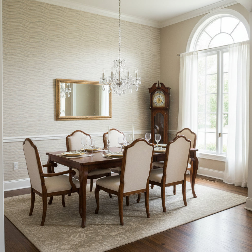 Moab Weave Neutral | Thibaut Wallcoverings - Dining Room Visualization (AI-generated, may not be to scale. Verify pattern scale with product specifications.)