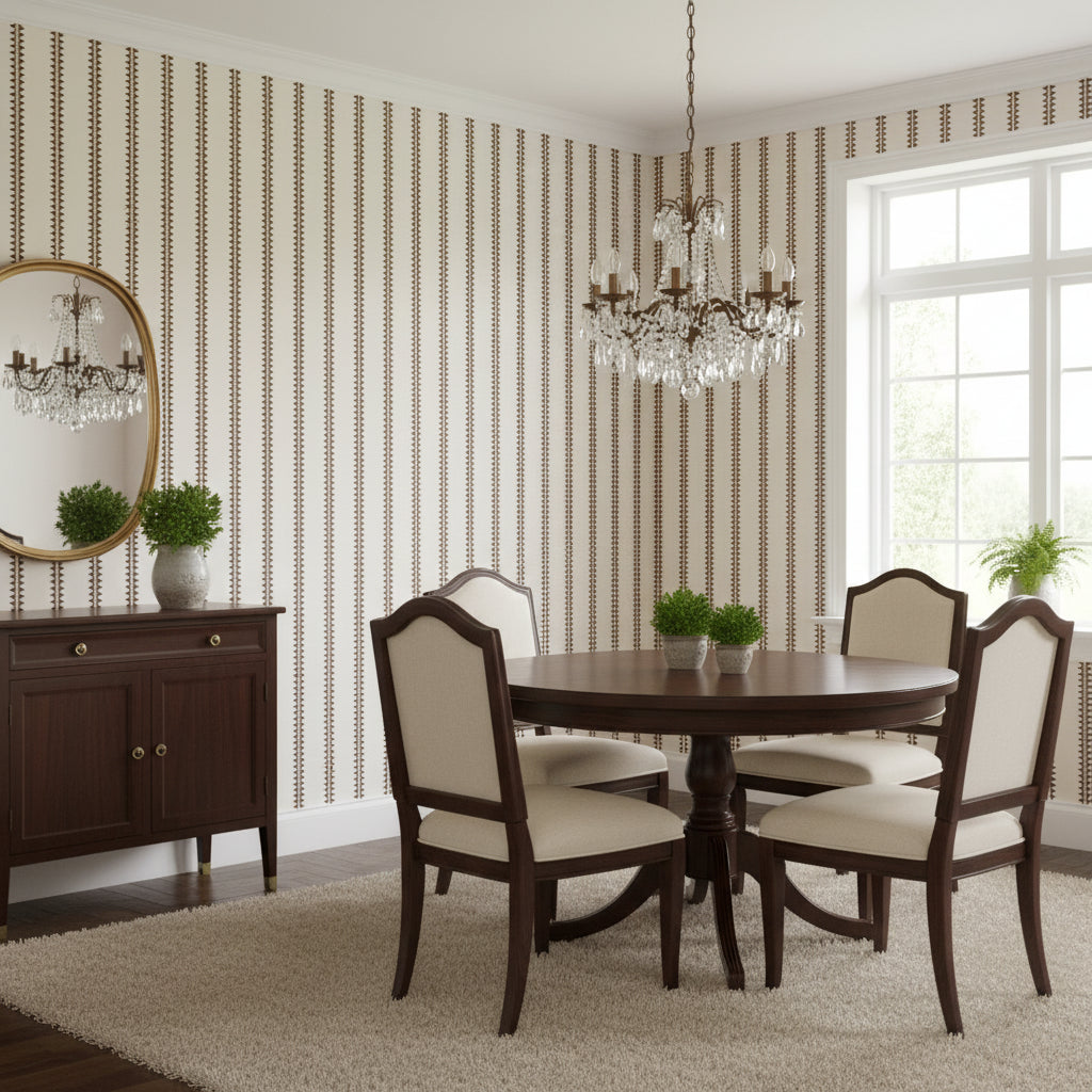 Reno Stripe Black | Thibaut Wallcoverings - Dining Room Visualization (AI-generated, may not be to scale. Verify pattern scale with product specifications.)