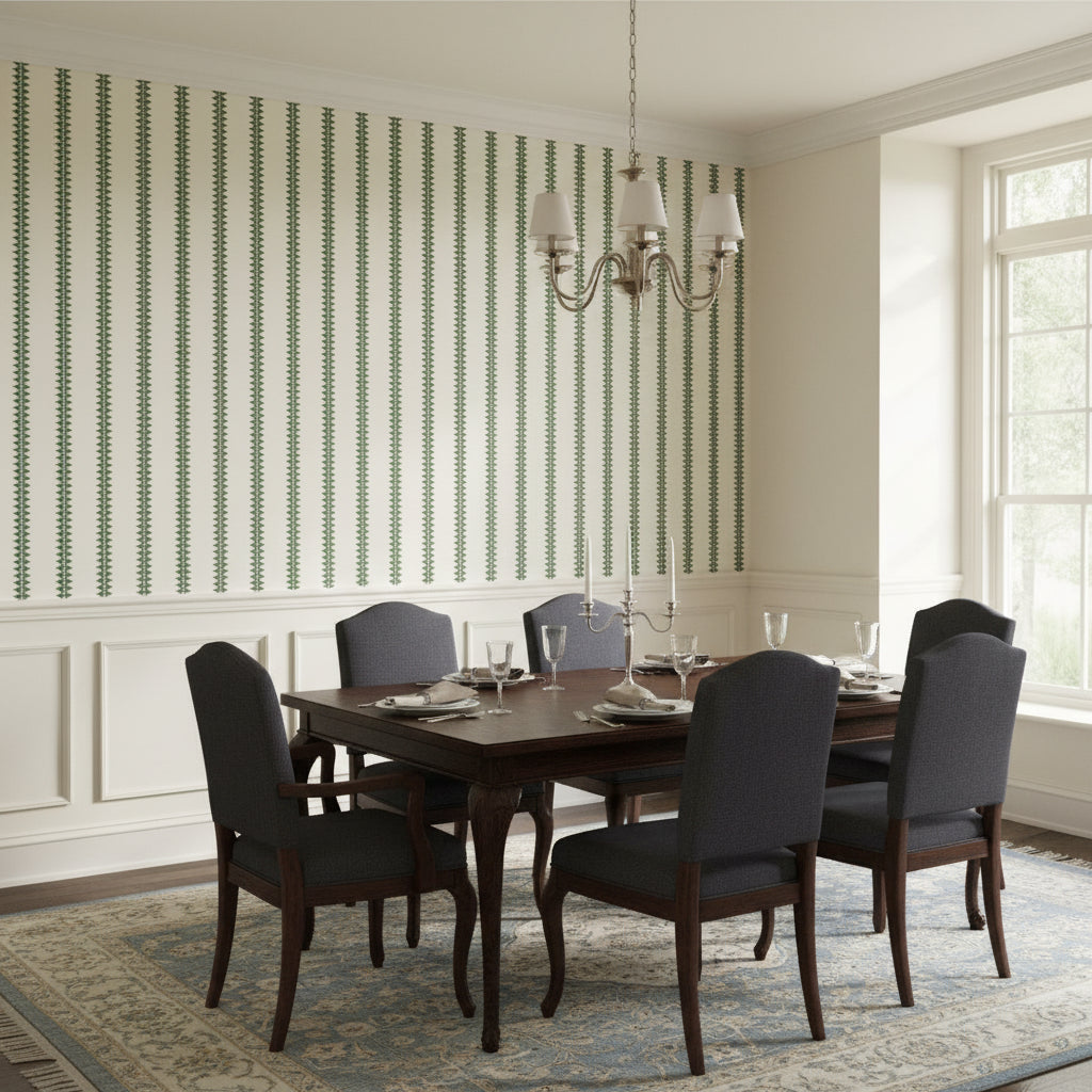 Reno Stripe Green | Thibaut Wallcoverings - Dining Room Visualization (AI-generated, may not be to scale. Verify pattern scale with product specifications.)